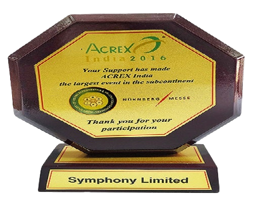 Symphony received an award of appreciation for participation in Acrex India.