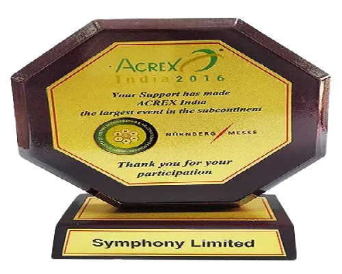 Symphony received an award of appreciation for participation in Acrex India. Symphony received an award of appreciation for participation in Acrex India.